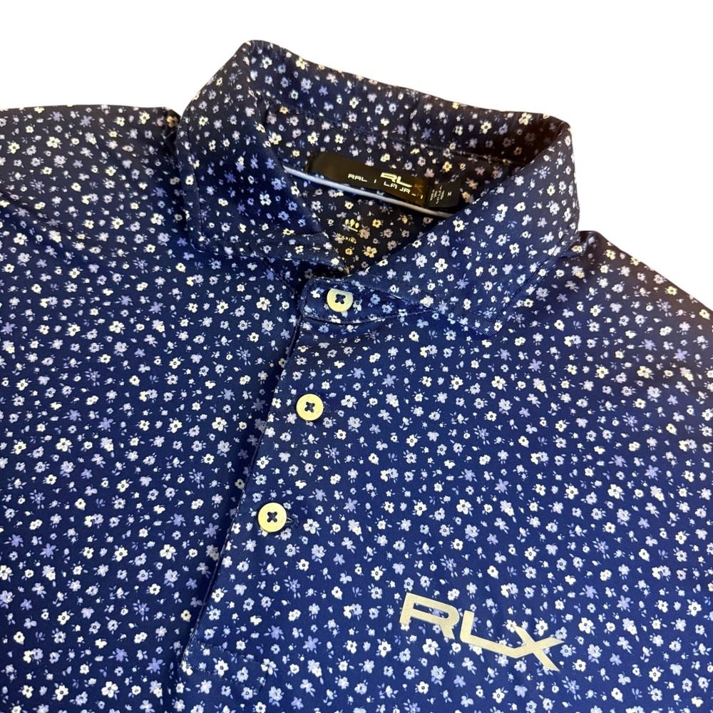 RLX Ralph Lauren Mens M Blue Floral Performance Golf Polo Shirt Short Sleeve